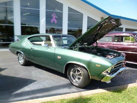 Green muscle car with hood open